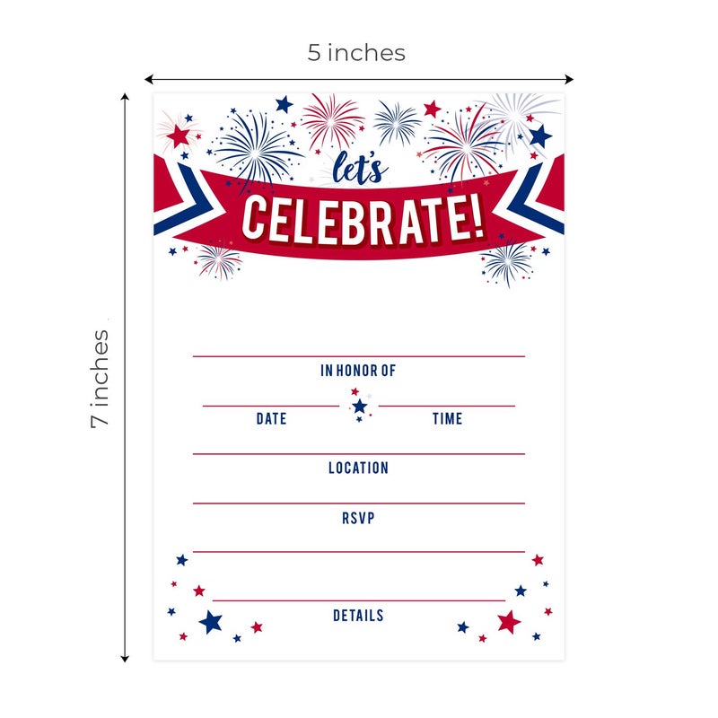 Canopy Street Patriotic Party Invitations / 25 American Event Invites / 5" x 7" Flat Invite Cards With White Envelopes/Red White And Blue Invites/Made In The USA - Image 5